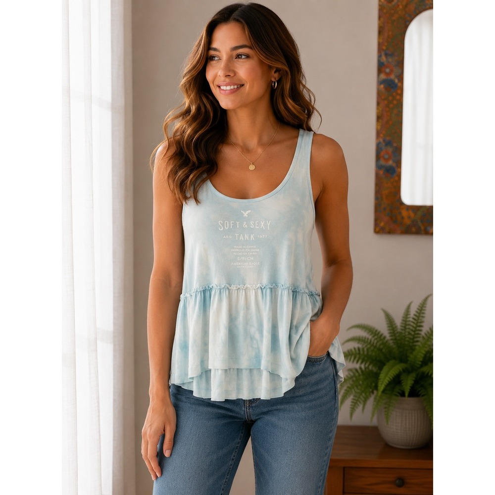 American Eagle Soft & Sexy Tie Dye Peplum Tank Top Blue White Small